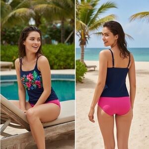 New Land's End lightweight square neck soft cup adjustable navy Rosella floral L